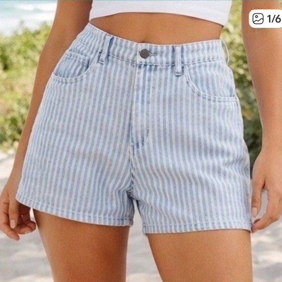 Faherty Pants - Faherty Womens Topsail‎ Shorts Railroad Stripe High Rise Denim Blue White Sz 26